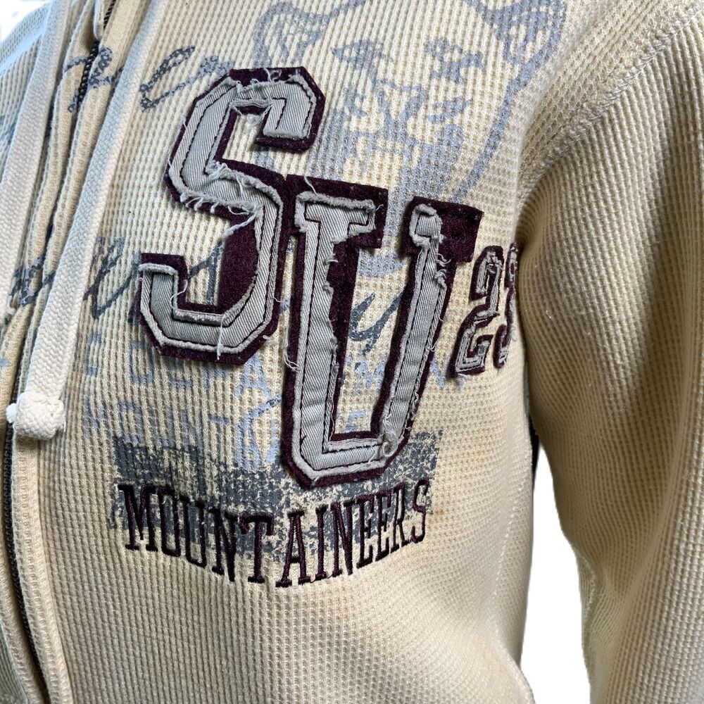 JAmerica Cream ZipUp Drawstring Hood Front Pockets‎ Graphic Print Hoodie Size XS - Picture 4 of 14
